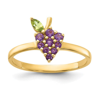 14K Gelbgold Amethyst und Peridot Grapes Größe 7 Ring