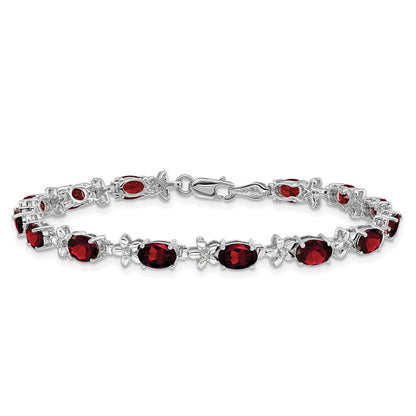 14K Weißgold Komplett Diamant und Oval Granat Blumen 7 Zoll Armband