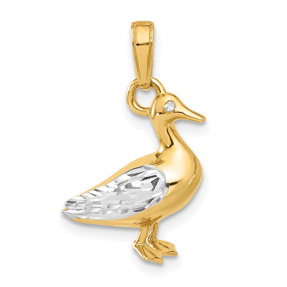 14K Gelbgold und Rhodium Diamant-geschliffener 3-D Enten-Anhänger