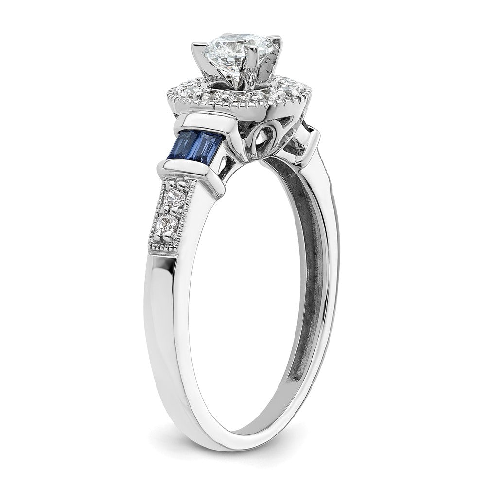 14K Weißgold Verlobungsring mit rundem Halo, 0,5K Labor-Diamant VS/SI+ G+ und gezüchtetem Saphir