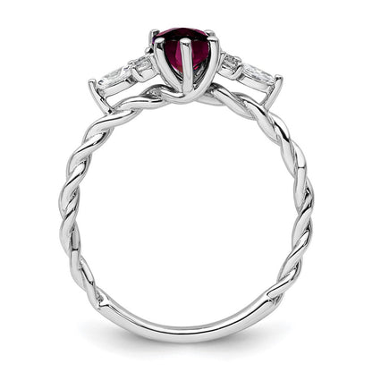 14K Weißgold Diamant- und 7x5 Oval Juni/Rhodolith-Granat-Ring mit gedrehtem Design, Größe 7