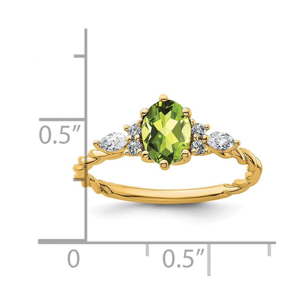 14K Gelbgold Ring mit Diamant und 7x5 ovalem August-/Peridot-Stein, Größe 7, gedreht