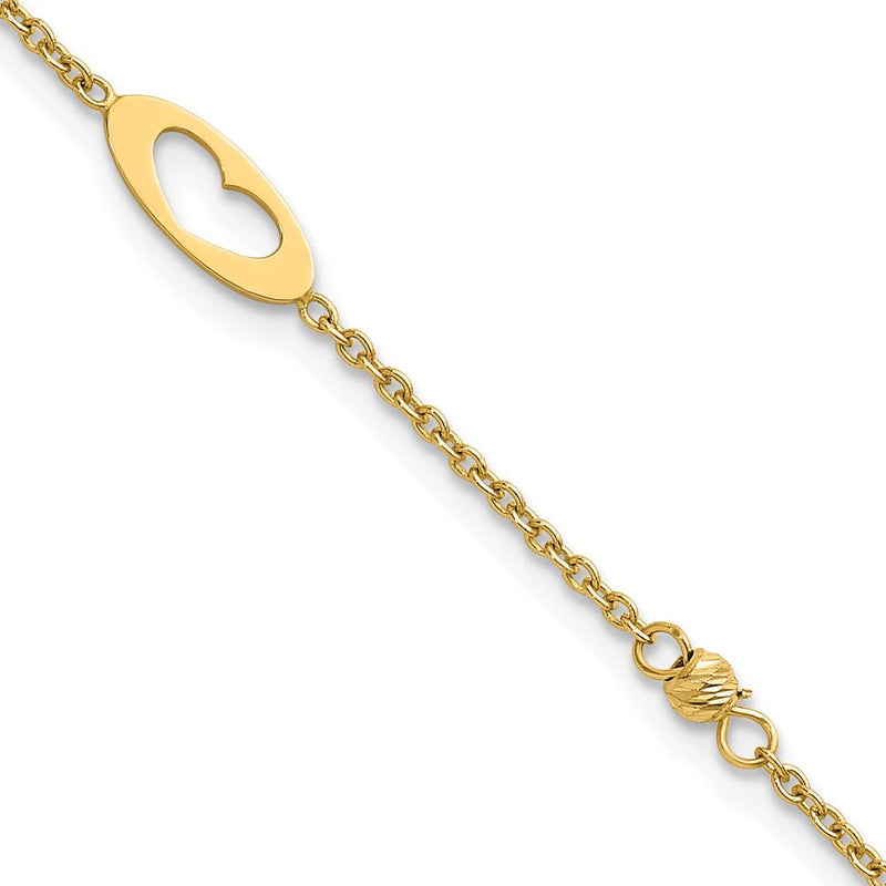14K Gelbgold Poliert Ausgeschnitten Herzen und Diamantiert Perlen 7.5 Zoll Armband