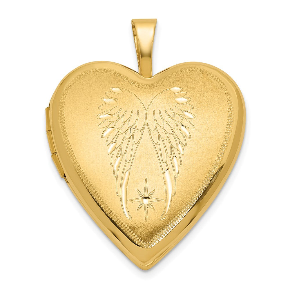 14K Gelbgold Satiniert und Poliert Engel Flügel 20mm Herz Medaillon