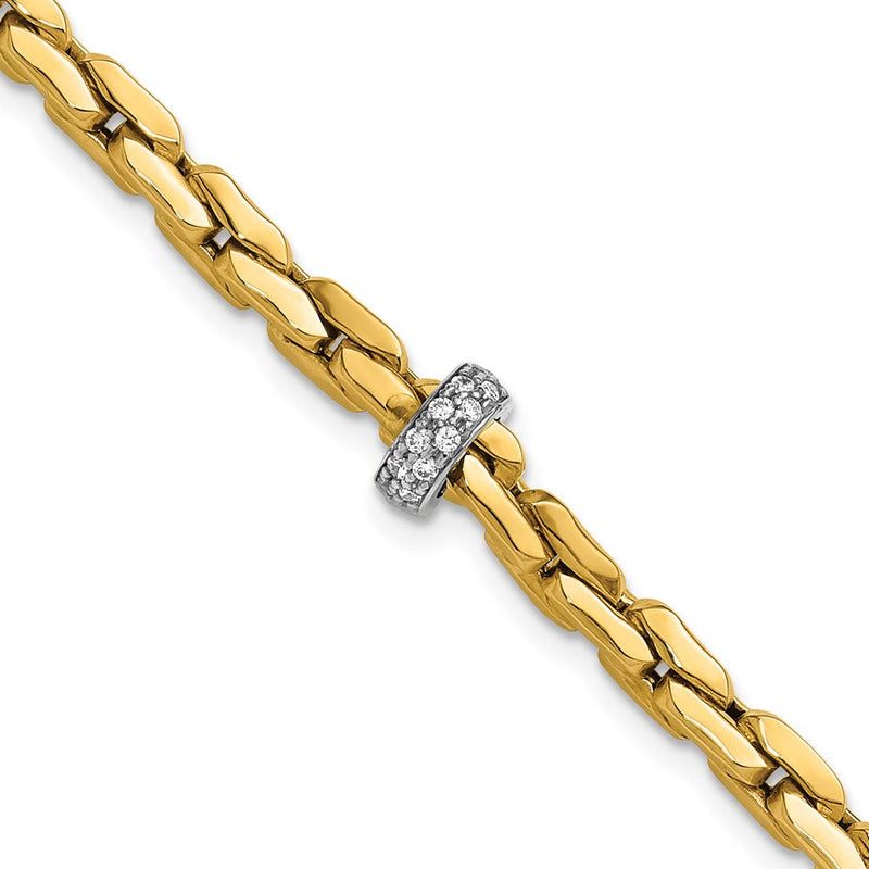 14K Bicolor Gold Bicolor Poliert Fantasieglieder mit Zirkonia Perle 7.5 Zoll Armband
