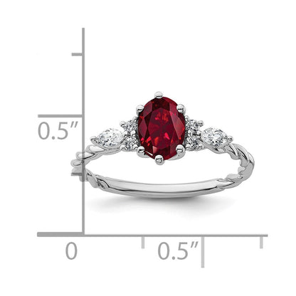 14K Weißgold Diamant- und 7x5 Oval Juli/Labor-erzeugter Rubin Größe 7 gedrehter Ring