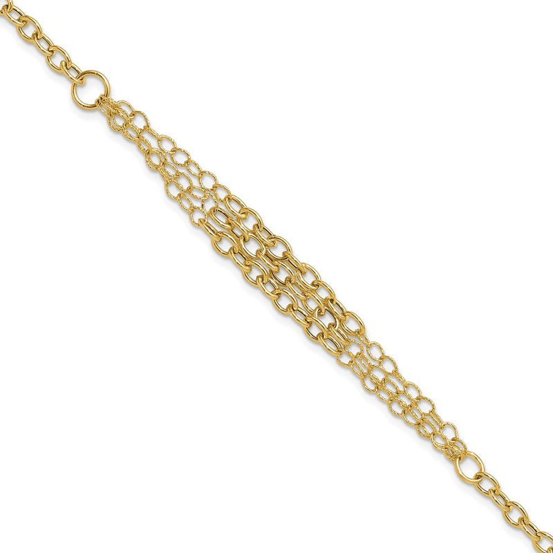 14K Gelbgold Poliert und Strukturiert Fantasie Ankerkette mit 3-strand Mittig 7.5 Zoll Armband Plus 0.5 Zoll Verlängerung