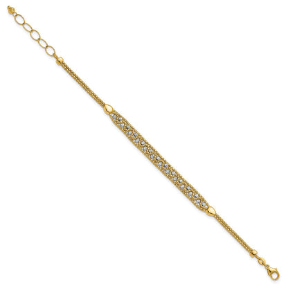 14K Bicolor Gold Strukturiert Diamantiert 7mm Gekugelt Gliederarmband Plus Verlängerung
