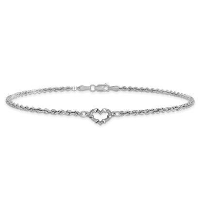 14K Weißgold Diamantiert Offen Herz und Kordel Gliederarmband