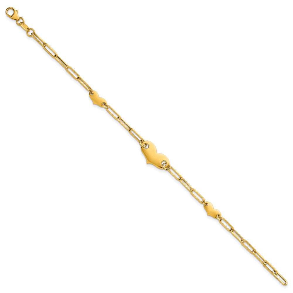 14K Gelbgold Poliert Büroklammer Glieder mit Drei Herzen 7.5 Zoll Armband