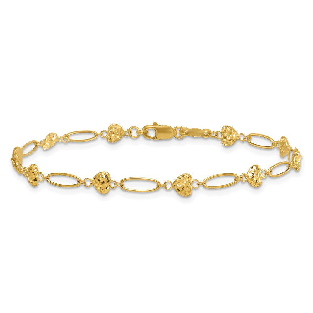 14K Gelbgold Poliert Oval Knöpfe mit Diamantiert Gewölbt Herzen 7.5 Zoll Armband
