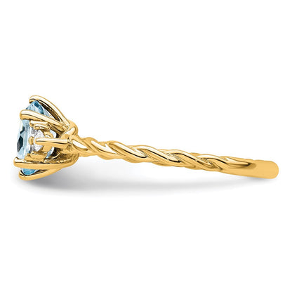 14K Gelbgold Ring mit Diamanten und 7x5 ovalem März-/Aquamarin, Größe 7, gedreht
