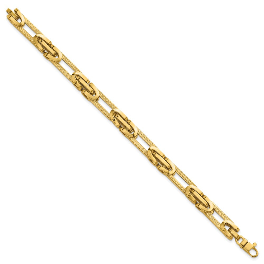 14K Gelbgold Poliert und Strukturiert 7.6mm Fantasie Greek Key Design Oval Glieder 7.25 Zoll Armband
