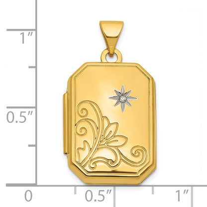 14K Gelbgold Halb Point Diamant Poliert Blumen und Stern 20mm Rechteck Medaillon