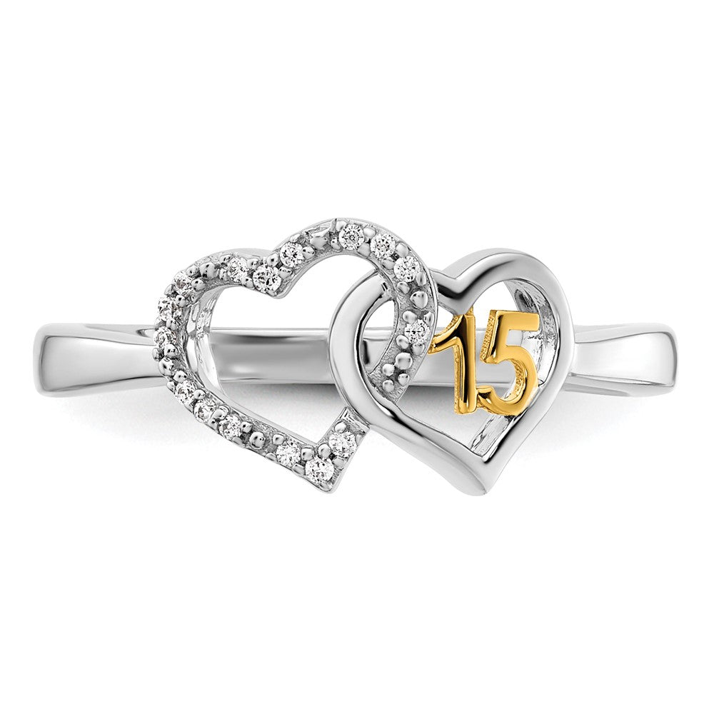 14K Bicolor Gold Polierter Diamant-Quinceañera-Doppelherz-Ring