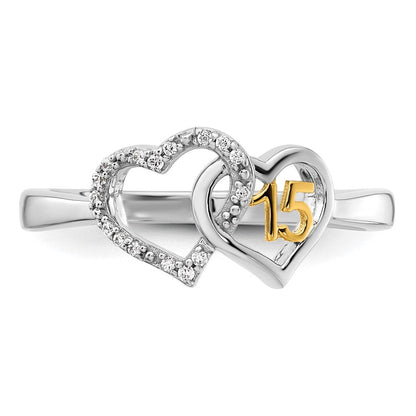 14K Bicolor Gold Polierter Diamant-Quinceañera-Doppelherz-Ring