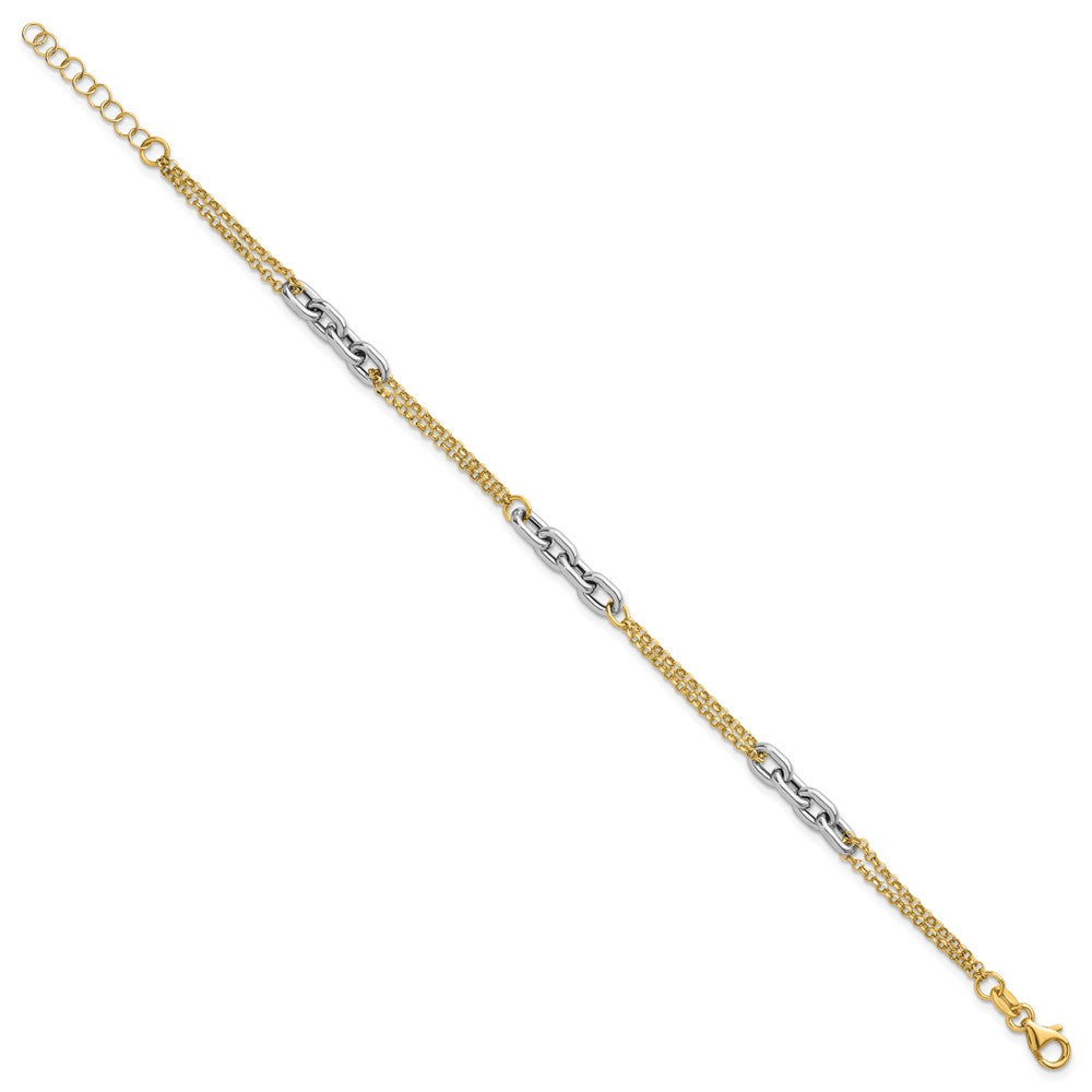 14K Bicolor Gold Poliert Fantasie Oval Glieder und Doppelt Strang Kette 7.25 Zoll mit 1 Zoll Verlängerung Armband