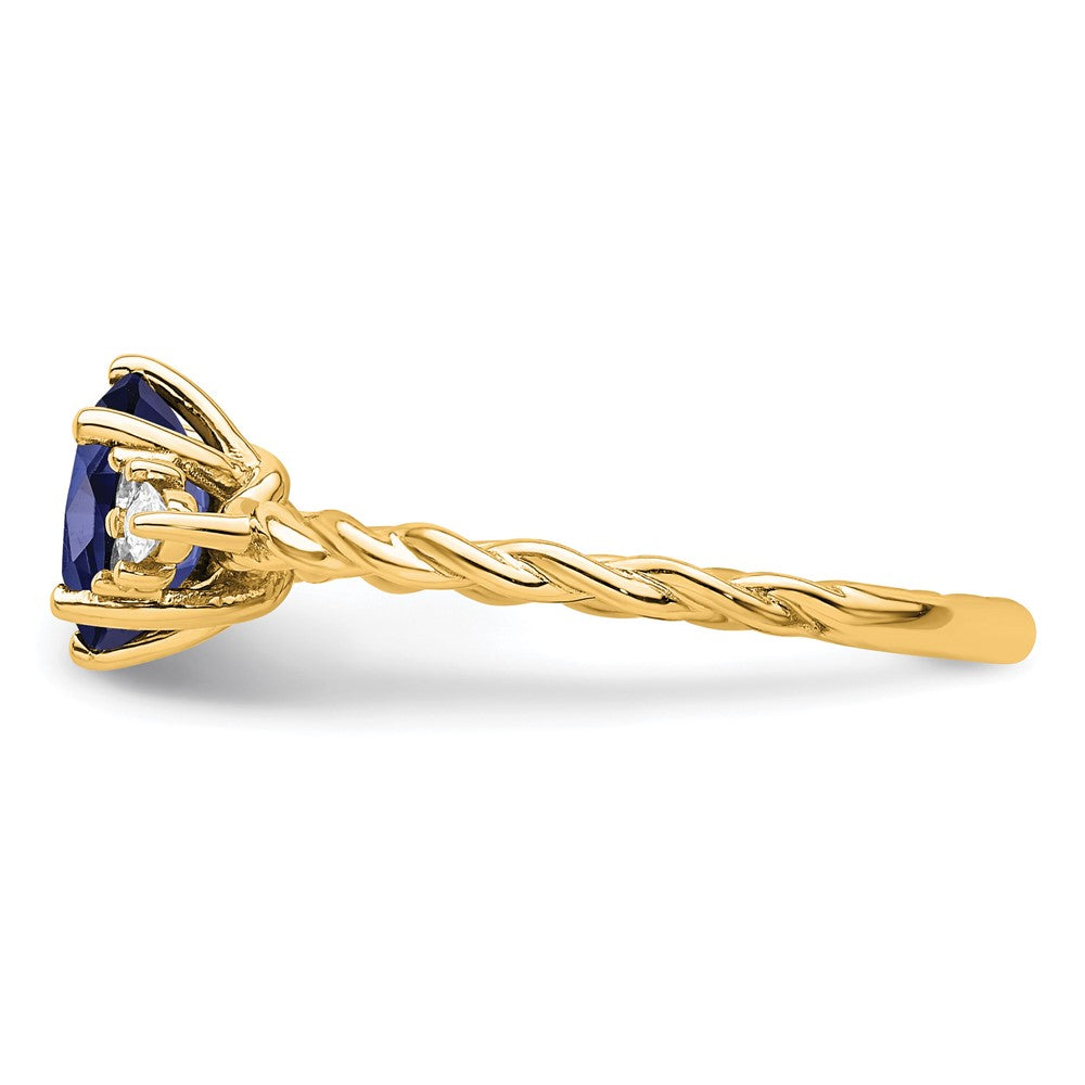 14K Gelbgold Ring mit Diamant und ovalem 7x5 mm September/im Labor gezüchtetem Saphir, gedreht, Größe 7