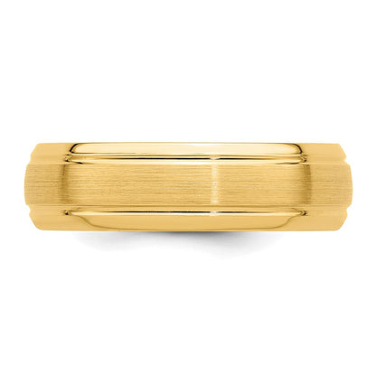 14K Gelbgold 6 mm Ehering, Standardgewicht, Komfort-Passform, gebürstet, satiniert, mit Linienkante
