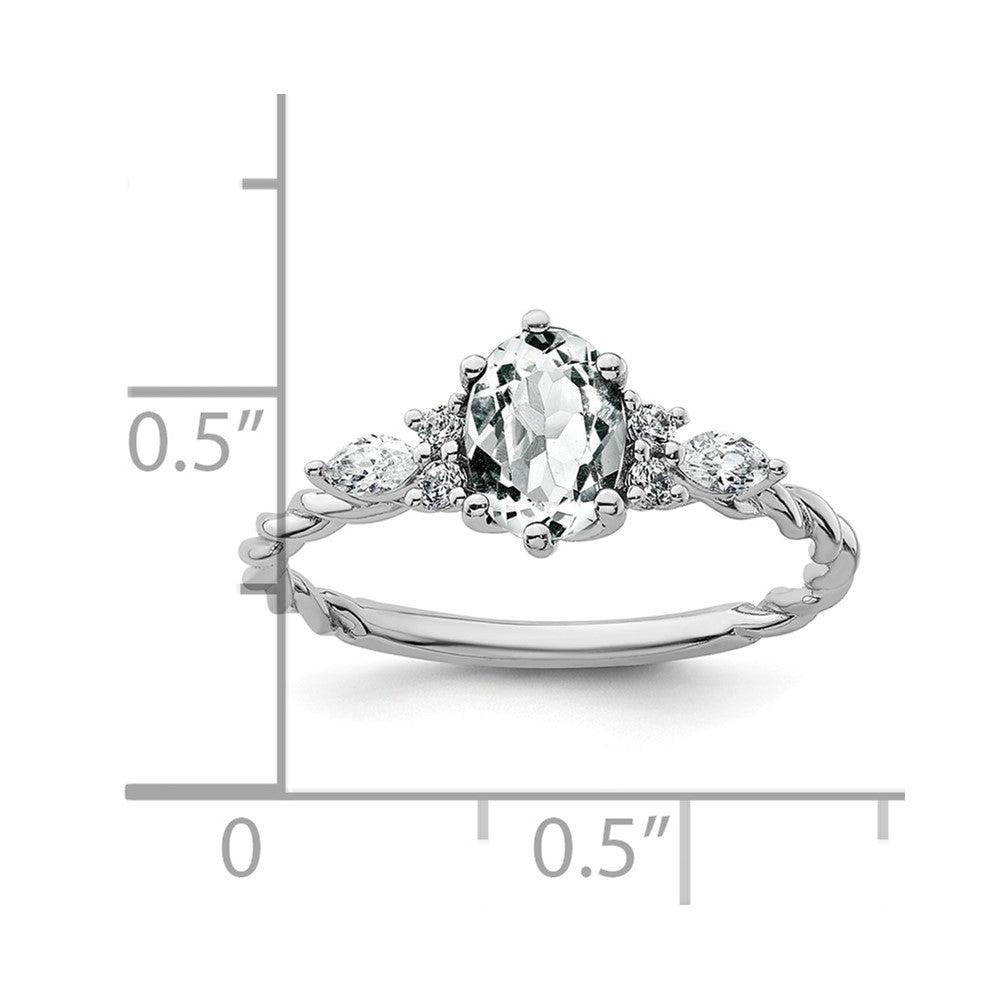 14K Weißgold Ring mit Diamant und 7x5 ovalem April-/Weißem Topas, Größe 7, gedreht