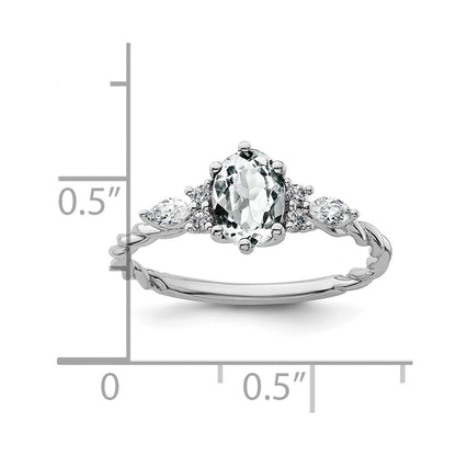 14K Weißgold Ring mit Diamant und 7x5 ovalem April-/Weißem Topas, Größe 7, gedreht