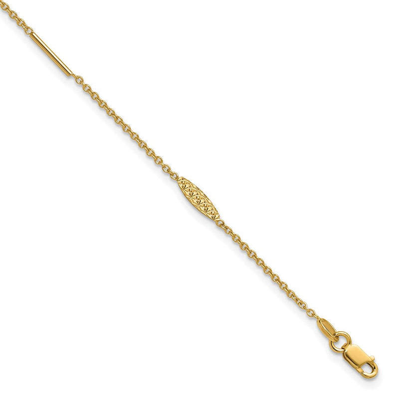 14K Gelbgold Stab und Strukturiert Oval 9 Zoll Plus 1 Zoll Verlängerung - Total 10 Zoll Fußkettchen