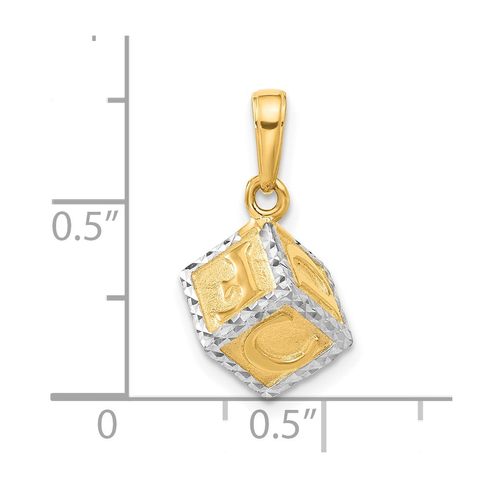 14K Gelbgold und Rhodium diamantgeschliffener 3-D Baby-Alphabet-Würfel-Anhänger
