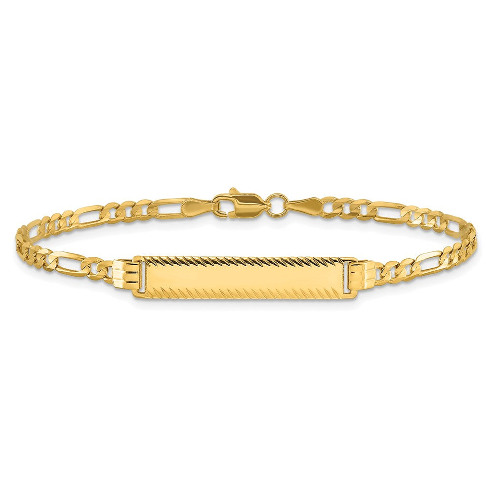 14K Gelbgold Poliert Massiv Kette/solid Platte 3.0mm Figaro Glieder Diamantiert 27x5.5mm Platte 8 Zoll Id Armband