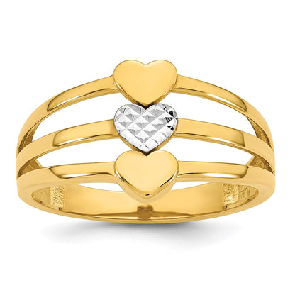 14K Gelbgold mit Rhodium, poliert und diamantiert, Drei Herzen, Größe 7, Ring