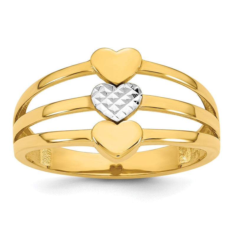 14K Gelbgold mit Rhodium, poliert und diamantiert, Drei Herzen, Größe 7, Ring