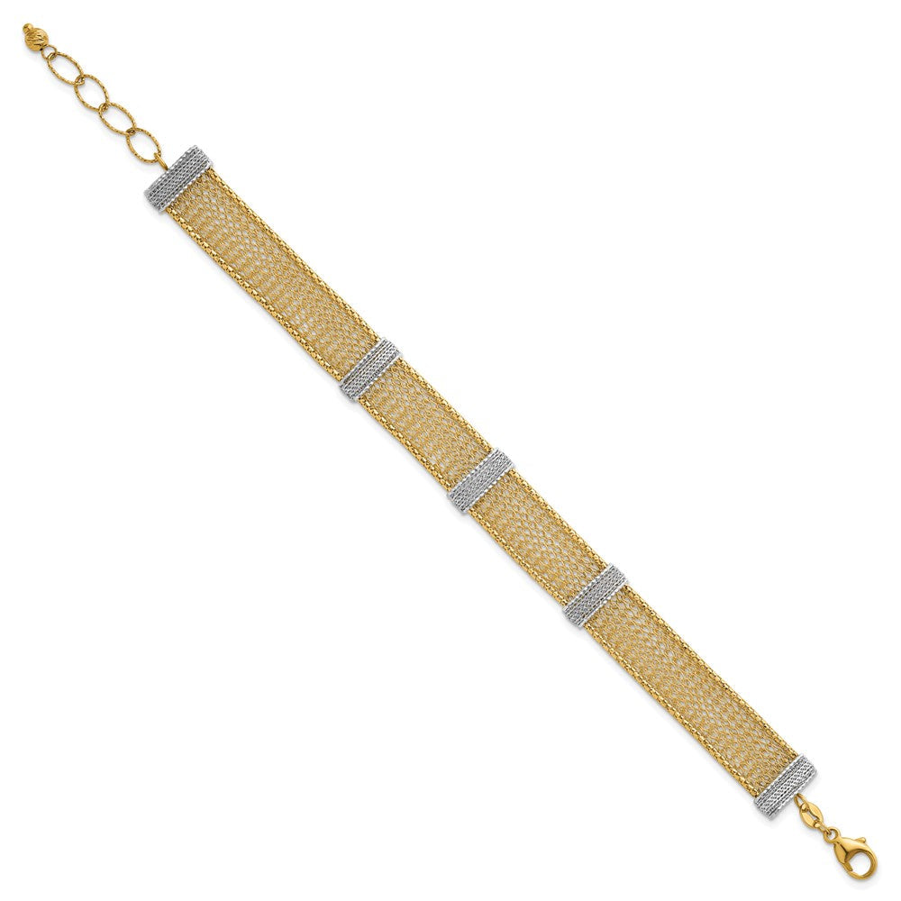 14K Bicolor Gold Bicolor Strukturiert 10.6mm Netz 6.75 Zoll Armband Plus 1 Zoll Verlängerung