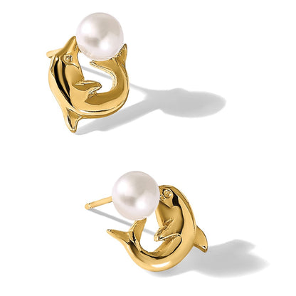 14K Gelbgold 5-6mm Knopf Süßwasser Zuchtperle Delfin Ohrstecker