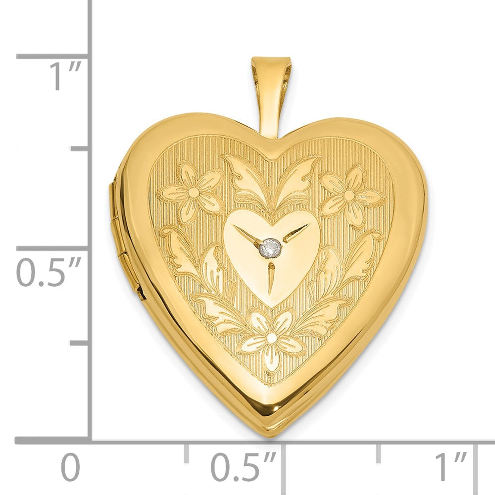 14K Gelbgold Poliert Blumen Design Diamant Mittig 20mm Herz Medaillon