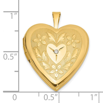 14K Gelbgold Poliert Blumen Design Diamant Mittig 20mm Herz Medaillon