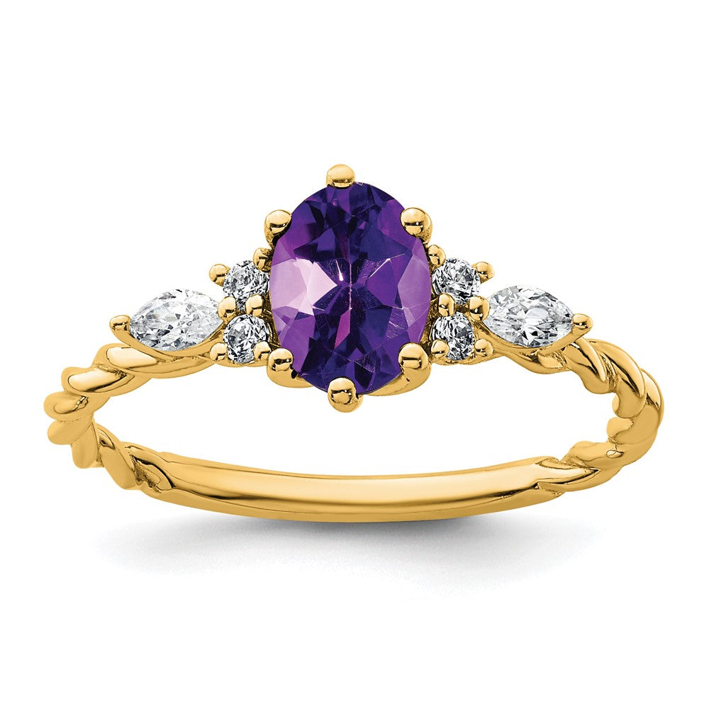 14K Gelbgold Ring mit Diamant und 7x5 ovalem Februar-/Amethyst-Stein, Größe 7, gedreht