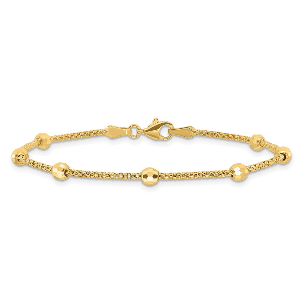 14K Gelbgold Poliert 7-station Mirror Perlen und Kette 7 Zoll Armband