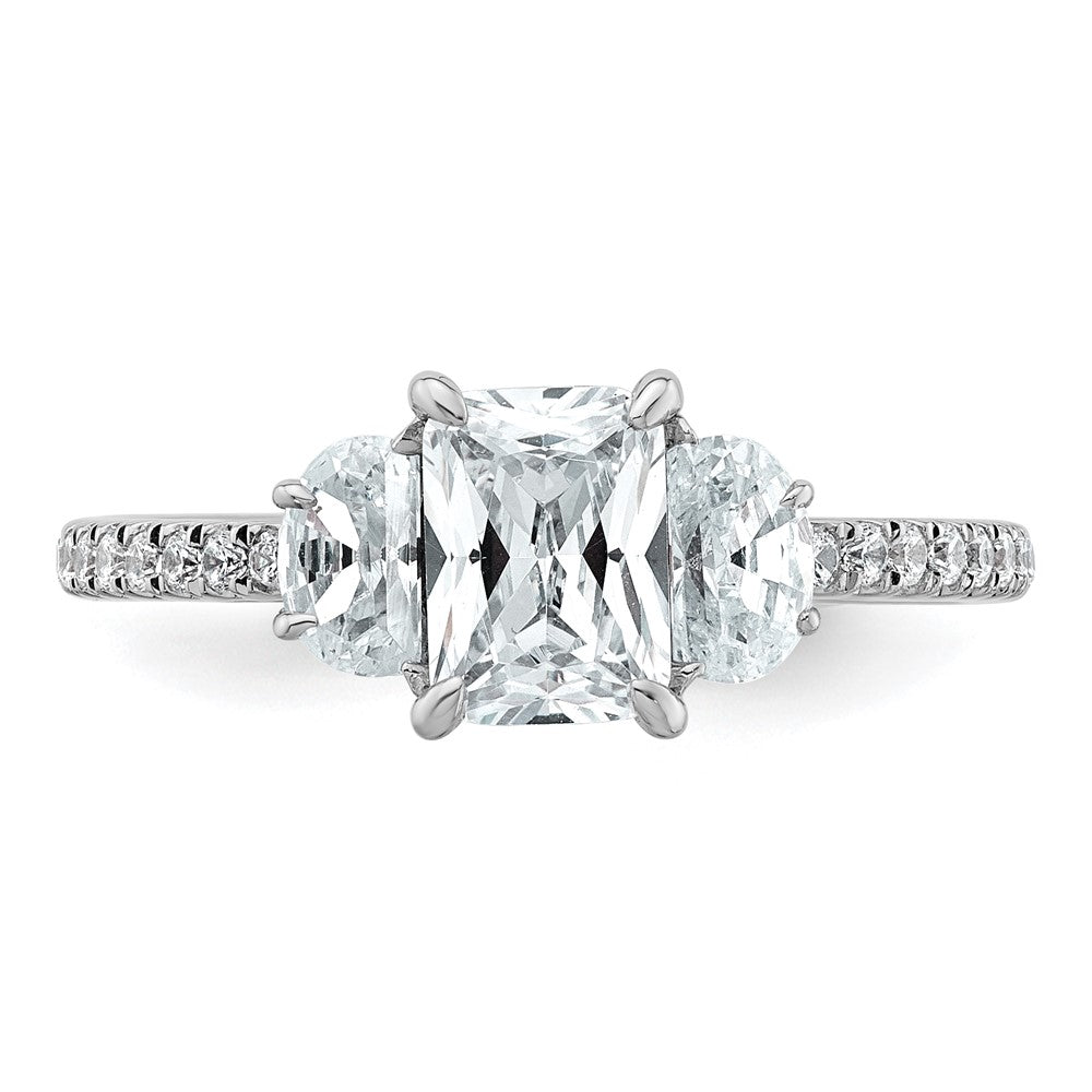 14K Weißgold Verlobungsring mit Halbmond, Drei-Steine-Fassung, 0,75 ct. Labor-Diamanten VS+ F+, 1 ct. Center-Radiant, Semi-Mount