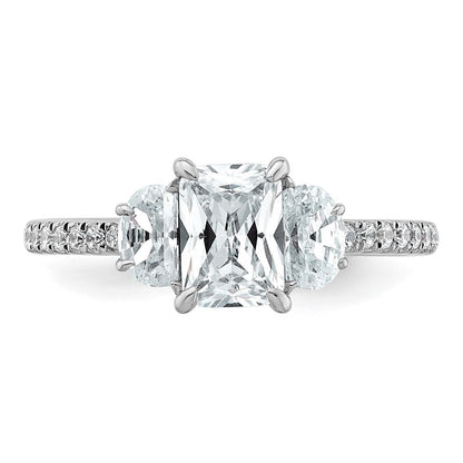 14K Weißgold Verlobungsring mit Halbmond, Drei-Steine-Fassung, 0,75 ct. Labor-Diamanten VS+ F+, 1 ct. Center-Radiant, Semi-Mount