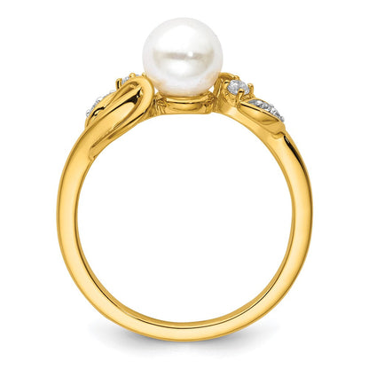 14K Gelbgold Poliert Ring mit 0,067 Karat Diamant und Süßwasser-Zuchtperle, Größe 7