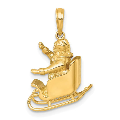 14K Gelbgold Polierter 3-D Winkender Weihnachtsmann im Schlitten Charm