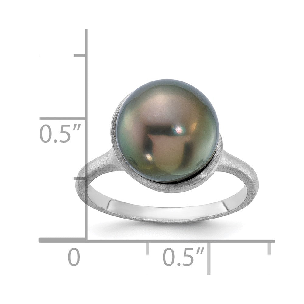 14K Weißgold Gebürstet 10-11mm Rund Schwarz Tahitian Salzwasser Zuchtperle Ring
