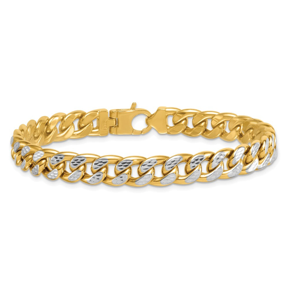 14K Gelbgold mit Rhodium Pavé Strukturiert 8.5mm Flach Panzer Kette Herren Armband