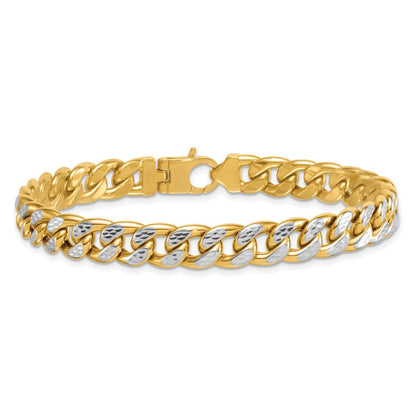 14K Gelbgold mit Rhodium Pavé Strukturiert 8.5mm Flach Panzer Kette Herren Armband