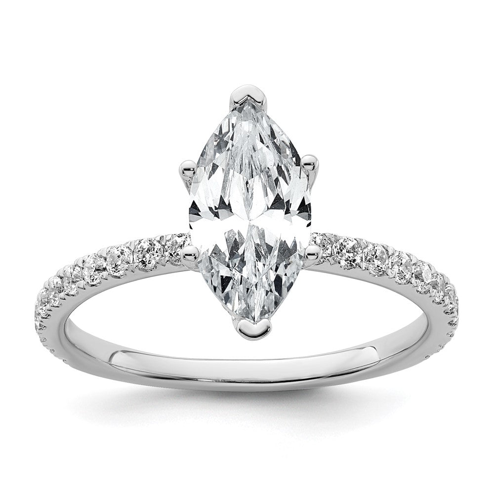 14K Weißgold Verlobungsring mit 2K zertifiziertem, im Labor gezüchtetem Diamanten VS+ F+ im Marquise-Schliff, Solitär mit Flair-Fassung, komplett