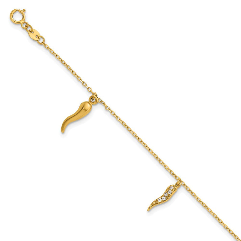 14K Gelbgold Poliert Zirkonia Drei Italienisch Horn Dangles 5.75 Zoll Childrens Armband Plus 0.75 Zoll Verlängerung