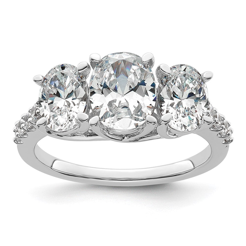 14K Weißgold Verlobungsring mit 2,75 ct. Labor-Diamant VS+ F+ im Oval-Schliff, Three-Stone-Design, komplett