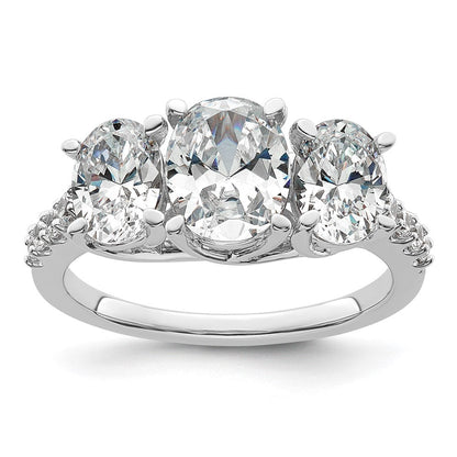 14K Weißgold Verlobungsring mit 2,75 ct. Labor-Diamant VS+ F+ im Oval-Schliff, Three-Stone-Design, komplett