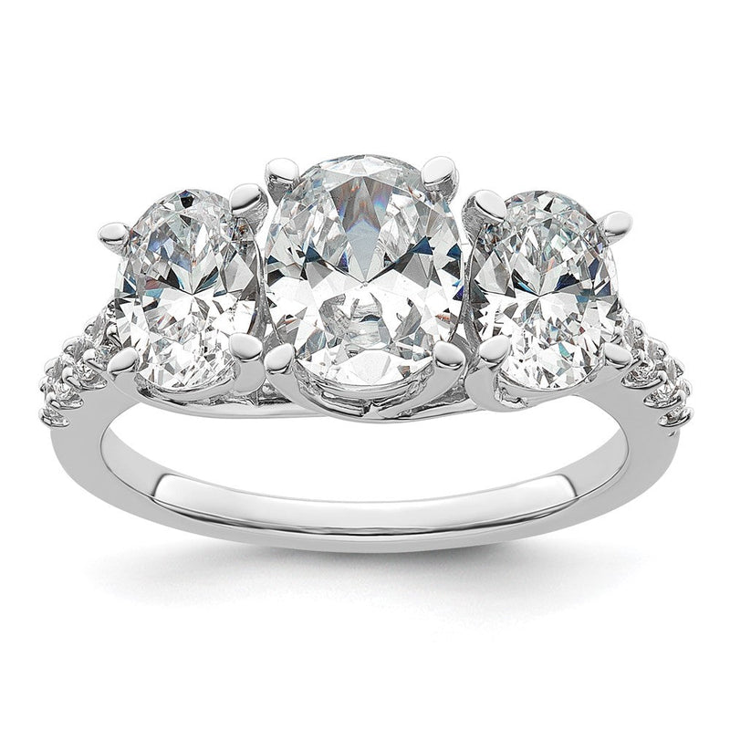 14K Weißgold Verlobungsring mit 2,75 ct. Labor-Diamant VS+ F+ im Oval-Schliff, Three-Stone-Design, komplett