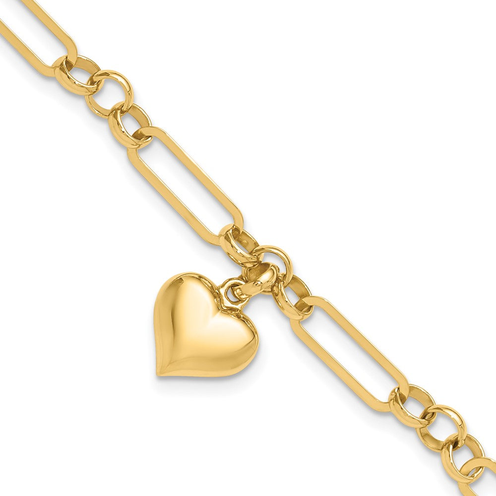 14K Gelbgold Poliert Gewölbt Herz Charm Hängend Figaro Glieder 7.5 Zoll Armband