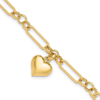 14K Gelbgold Poliert Gewölbt Herz Charm Hängend Figaro Glieder 7.5 Zoll Armband